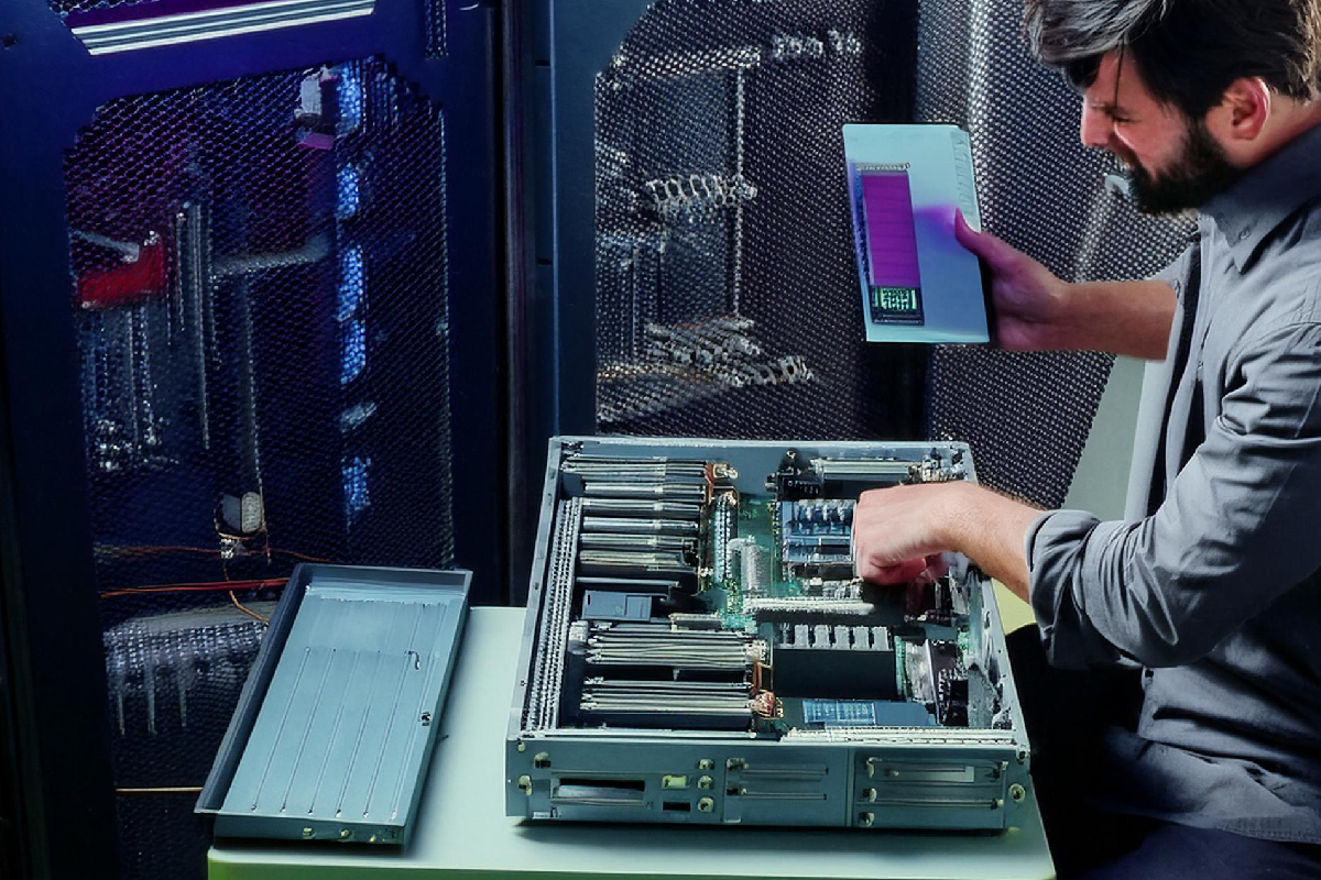 Técnico consertando um servidor data center em uma oficina.